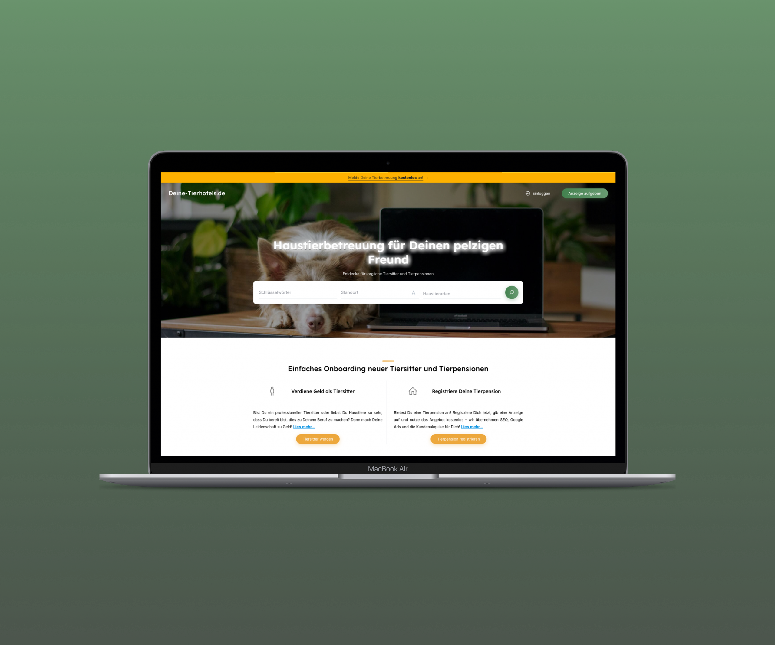 страница сайта поиска нянек и отелей для домашних животных